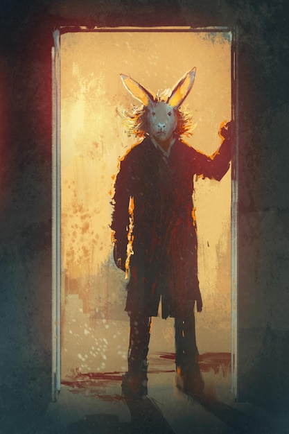 Mann mit Kaninchenmaske, der an der Tür steht, Illustration, digitale Malerei