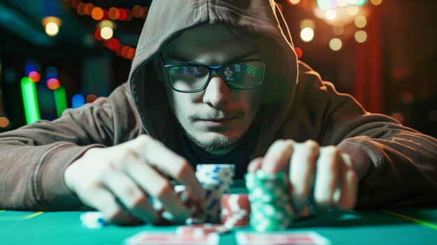 Mann mit Kapuze spielt Poker