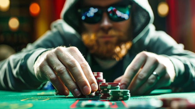 Mann mit Kapuze spielt Poker