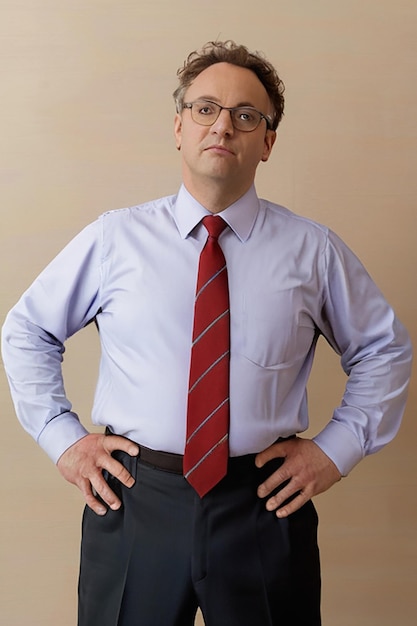 Mann mit Krawatte und Brille steht mit Händen auf den Hüften
