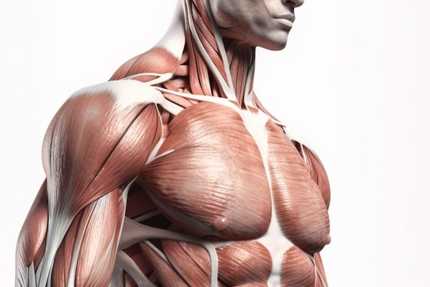 Mann mit Muskeln ohne Haut auf weißem Hintergrund Anatomie und Muskeln generative ai