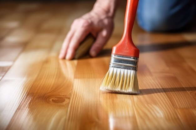 Mann mit Pinsel, der Holzfleck auf eine Holzoberfläche in Innenräumen aufträgt