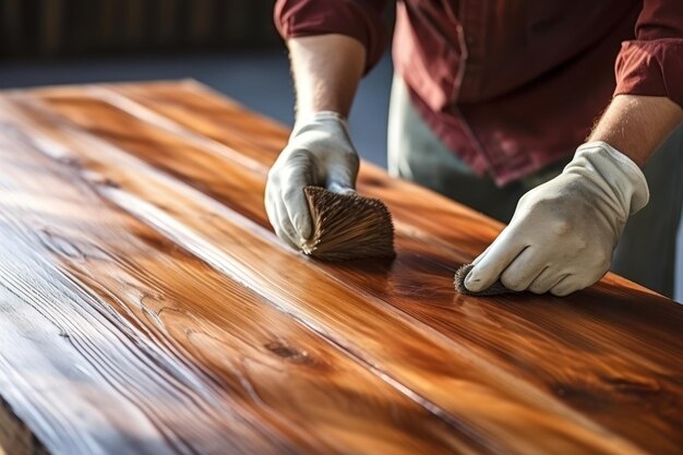 Mann mit Pinsel, der Holzfleck auf eine Holzoberfläche in Innenräumen aufträgt