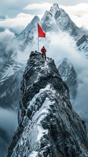 Foto mann mit roter flagge auf dem gipfel des berges