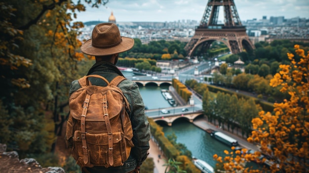 Foto mann mit rucksack beobachtet den eiffelturm