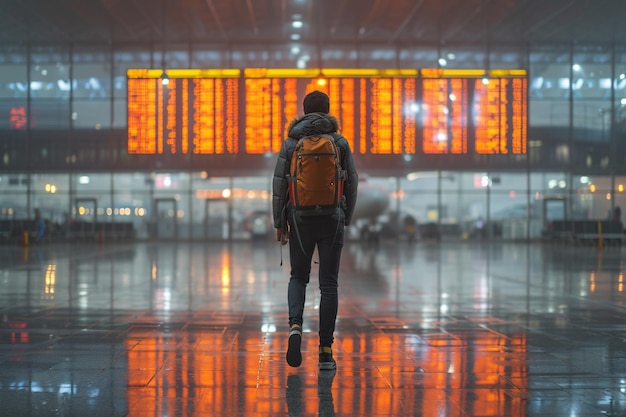 Mann mit Rucksack und Gepäck fliegt durch den Flughafen und schaut sich die Startdetails an