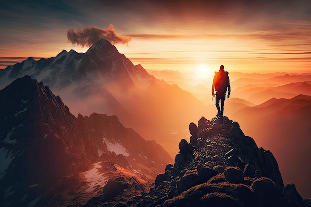 Mann mit Sonnenaufgang hinter sich, der den Gipfel des Gebirges erklimmt