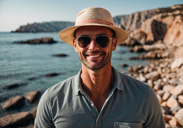 Mann mit Sonnenbrille am Strand