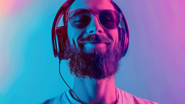 Mann mit Sonnenbrille, Kopfhörern und weißem T-Shirt in einem Neonporträt Generative KI