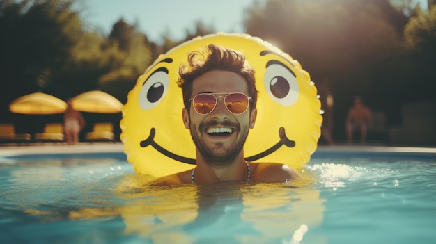 Mann mit Sonnenbrille schwebt im Pool