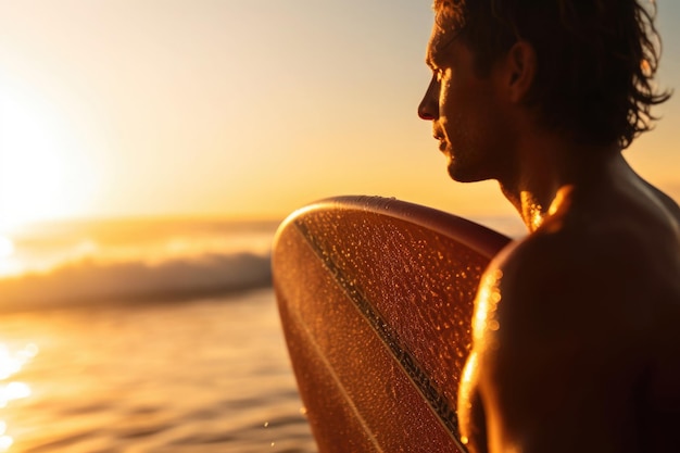 Mann mit Surfbrett am Meeresstrand bei Sonnenuntergang Generative KI