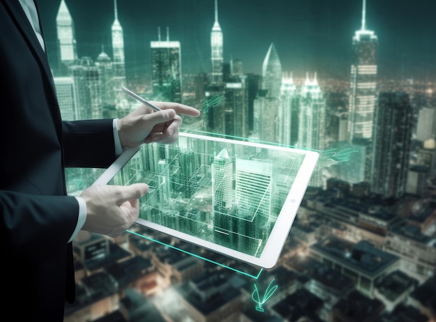 Mann mit Tablet mit digitaler Stadt Illustration AI Generative