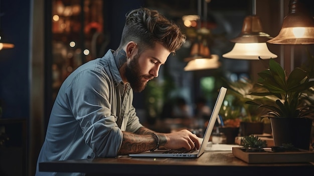 Mann mit Tätowierung arbeitet mit einem Laptop in einem Abendcafé mit Lichtern Konzept des digitalen Nomaden