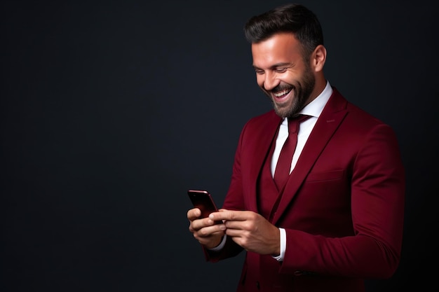 Mann mit Telefon auf Burgundy-Studio-Hintergrund