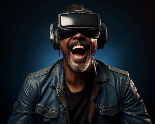 Mann mit überraschtem Gesicht und Virtual-Reality-Brille