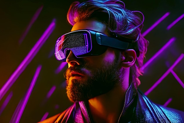 Mann mit Virtual-Reality-Brille im Neonlicht Das Konzept der virtuellen Realität Generative AI Art