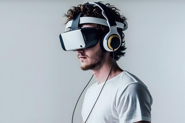 Mann mit Virtual-Reality-Brille, neuronales Netzwerk, KI generiert
