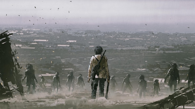 Mann mit Waffen, die einer Menge von Zombies gegen die Welt der Postapokalypse gegenüberstehen, digitaler Kunststil, Illustrationsmalerei