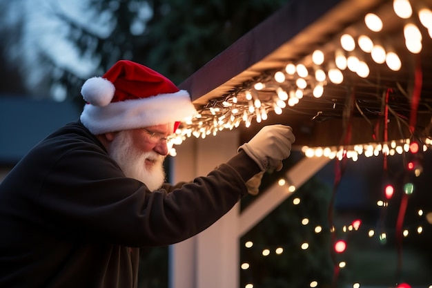 Mann mit Weihnachtsmütze schmückt Außencarport des Hauses Generative Ai