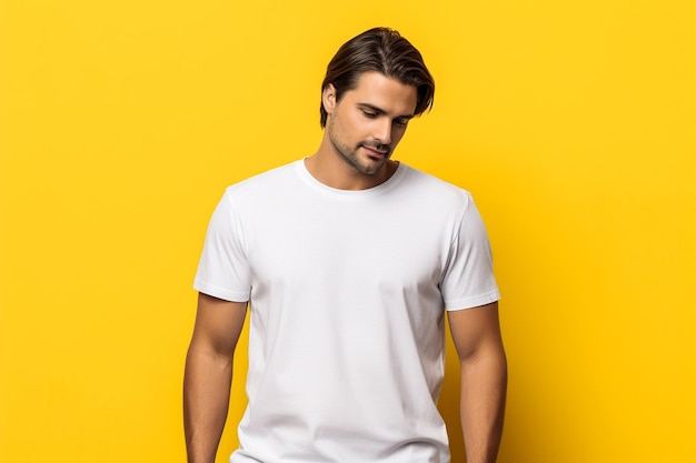 Mann mit weißem T-Shirt auf gelbem Hintergrund Nahaufnahme Mockup für Design