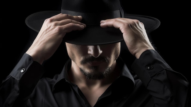 Mann mit Ziegenbart und schwarzem Hemd berührt seinen Fedora-Hut, der über die Augen gekippt ist, dunkler Hintergrund