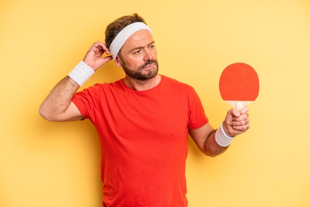 Mann mittleren Alters lächelt glücklich und träumt oder zweifelt. Ping-Pong-Konzept