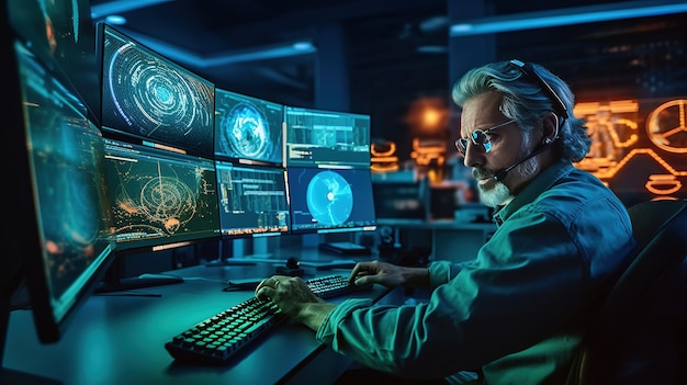 Mann nutzt modernen Computer, der im Internet surft, futuristisches MetaverseDigital-Technologie-Internetnetzwerk