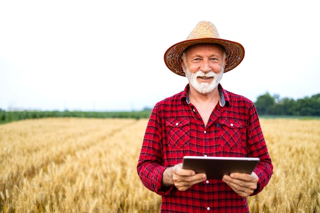 Mann nutzt Smart-Farming-Anwendung auf digitalem Tablet und verwaltet Pflanzenproduktion und -wachstum