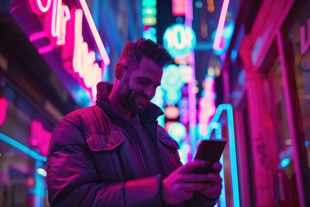 Foto mann nutzt smartphone in neon beleuchteter stadt social media dating