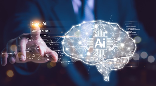 Mann nutzt Technologie, intelligenter Roboter AI Chatbot Chat mit künstlicher Intelligenz