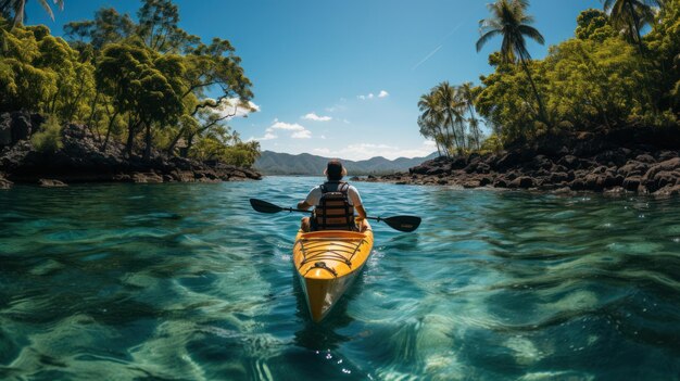 Mann paddelt Kayak auf einer tropischen Insel