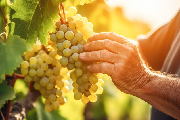 Mann pflückt reife Trauben von Pflanzen im Weinberg Generative KI