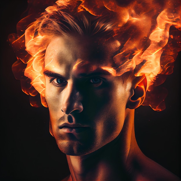 Mann Porträt auf Feuer epischen Avatar 3D-Render-Illustration