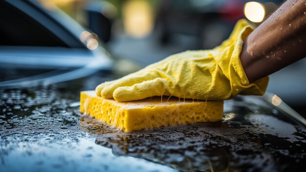 Foto mann reinigt auto mit lappen im freien