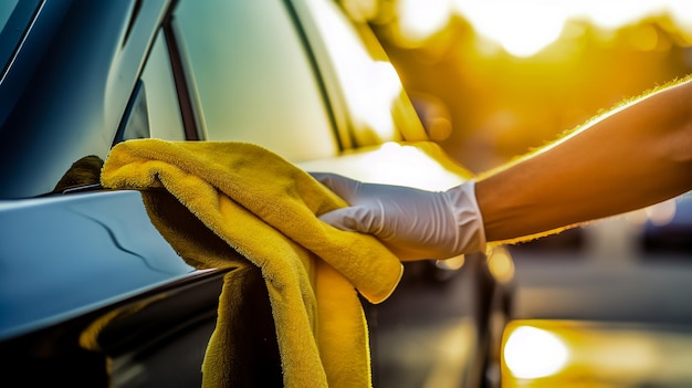 Foto mann reinigt auto mit mikrofasertuch autowasch-hintergrund