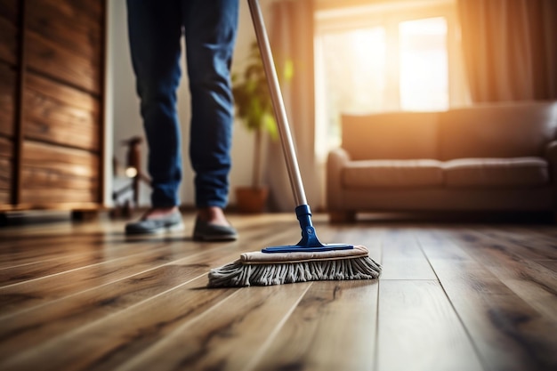 Mann reinigt schmutzigen Holzboden mit Wet Mop Housework AI