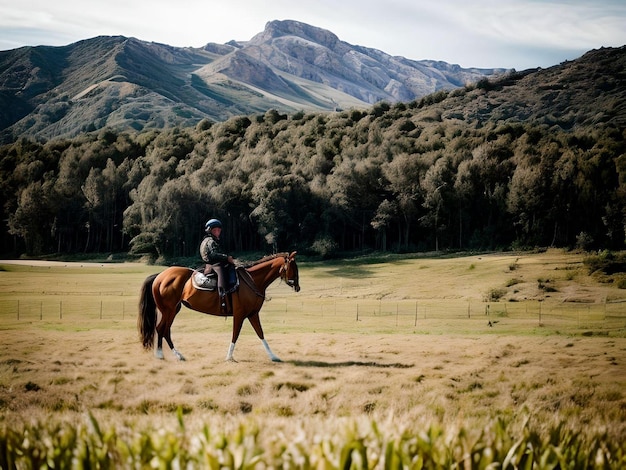 Mann reitet auf einem braunen Pferd auf dem Feld mit Wald und Tälern in einer nebligen Landschaft