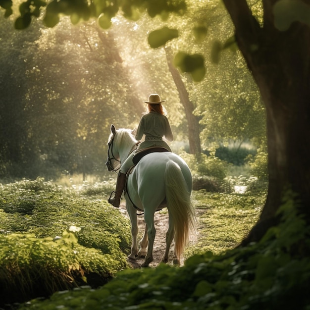 Mann reitet auf seinem Pferd im Wald