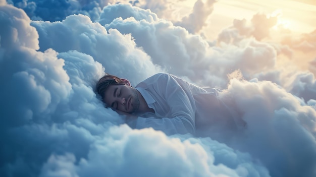 Mann schläft auf einer Wolke, die von KI generiert wurde