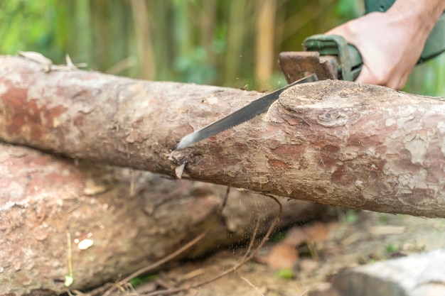 Mann schneidet mit elektrischer Säge Staub und Bewegungen Holzfäller sägt Baum mit Kettensäge auf Sägewerk