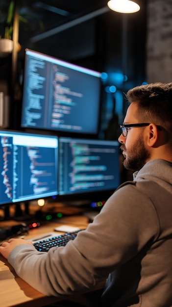 Mann sitzt am Computermonitor