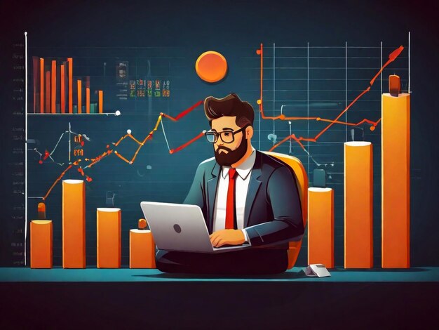 Mann sitzt am Schreibtisch mit Computern im Büro Börsenhändler oder Broker schaut auf mehrere Bildschirme mit finanziellen und Marktdiagrammen flache Vektorillustration Konzept der wirtschaftlichen und geschäftlichen Analyse