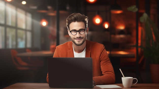 Mann sitzt am Schreibtisch mit Laptop