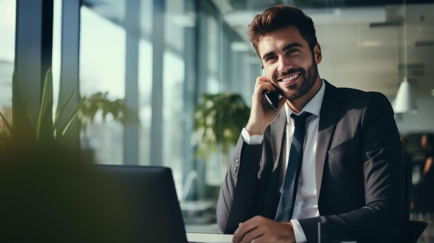 Foto mann sitzt am schreibtisch und spricht am handy