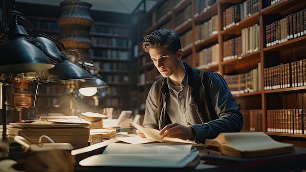 Mann sitzt an einem Schreibtisch in der Bibliothek und liest Buch Weltbuchtag