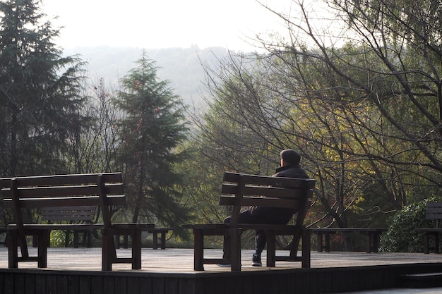 Mann sitzt auf Bank im Herbstpark