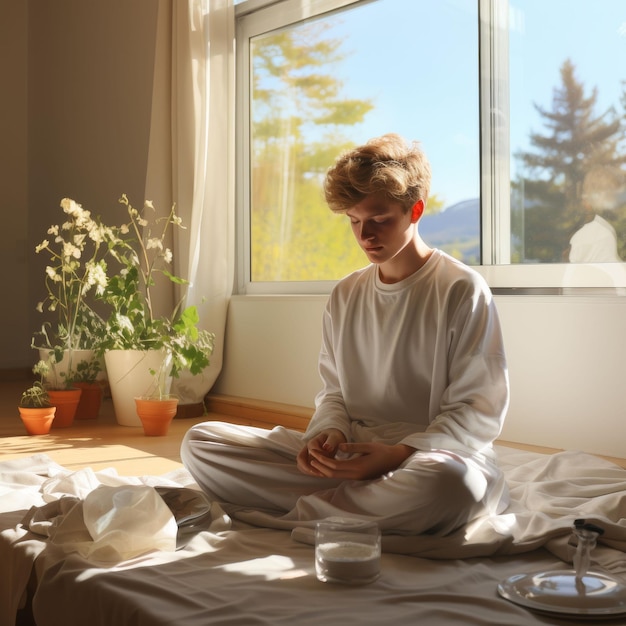 Foto mann sitzt auf dem bett vor dem fenster