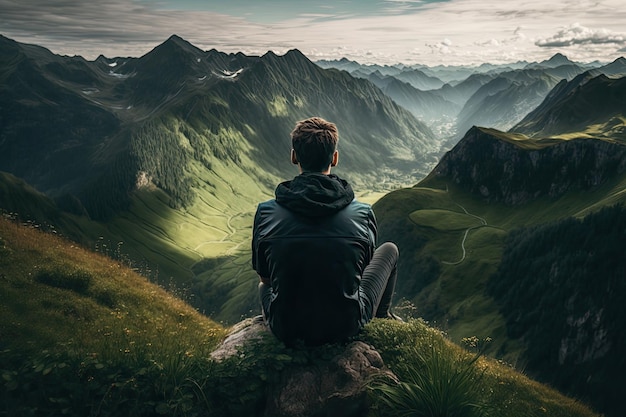 Mann sitzt auf einem Berggipfel mit Blick auf das gesamte Tal und umgeben von saftig grünen Wiesen