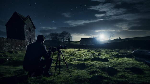 Mann sitzt auf einem Felsen in der Nacht Feld ruhiger und kontemplativer Außeneinstand St. Patrick's Day