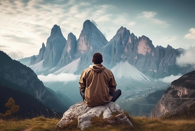 Mann sitzt auf einem Felsen in der Nähe einer Bergkette im Stil italienischer Landschaften